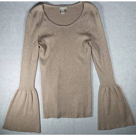 HINGE Rose Gold Metallic Bell Sleeve Tight Knit Pullover Sweater Top sz M - Picture 3 of 8